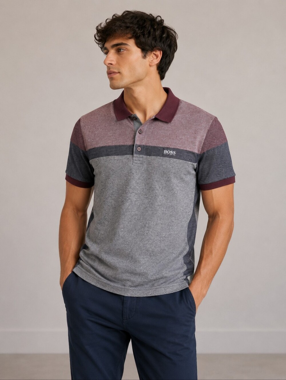 Hugo BOSS Colorblock Polo Shirt - Grey & Burgundy M/L